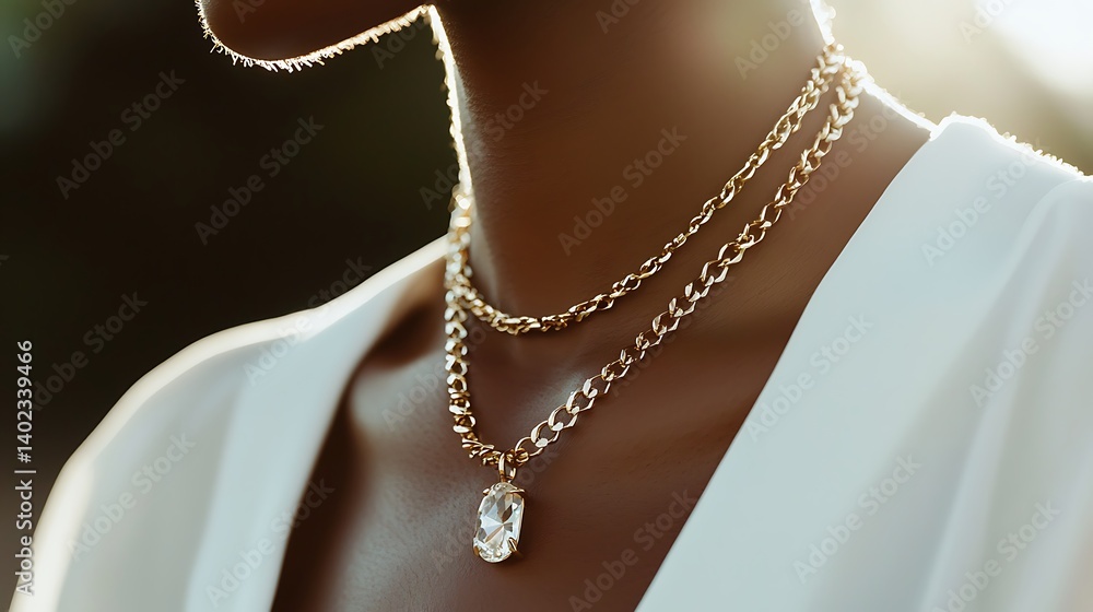 A woman wearing a gold chain necklace with a large crystal pendant A woman wearing a gold chain necklace with a large crystal pendant