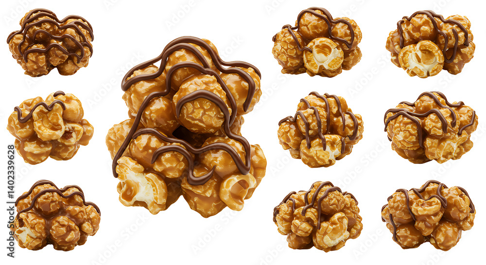 Twelve Caramel Popcorn Clusters Drizzled with Chocolate on Transparent Background Twelve Caramel Popcorn Clusters Drizzled with Chocolate on Transparent Background