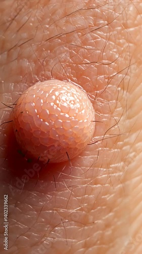 Close up of a skin tag on skin with hair follicles, showing details and texture of the round growth and surrounding area.