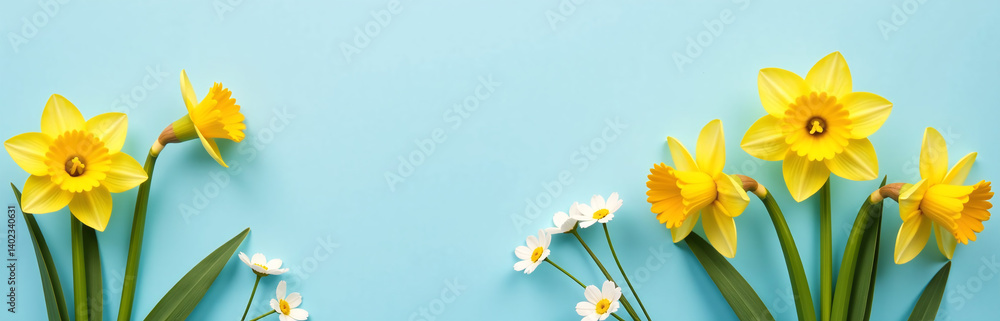 Obraz premium Fresh Daffodils In Full Bloom Bring Charm To Any Setting, Especially When Paired With Pastel Blues And Delicate Florals Like Gypsophila.