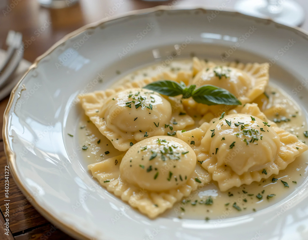 Plate of ravioli with creamy sauce and parsley garnish. Italian pasta dish close-up. Plate of ravioli with creamy sauce and parsley garnish. Italian pasta dish close-up.