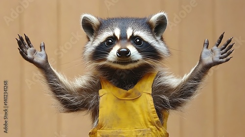 Obraz na płótnie Playful Raccoon in Yellow Overalls with Digital Particle Effect w salonie