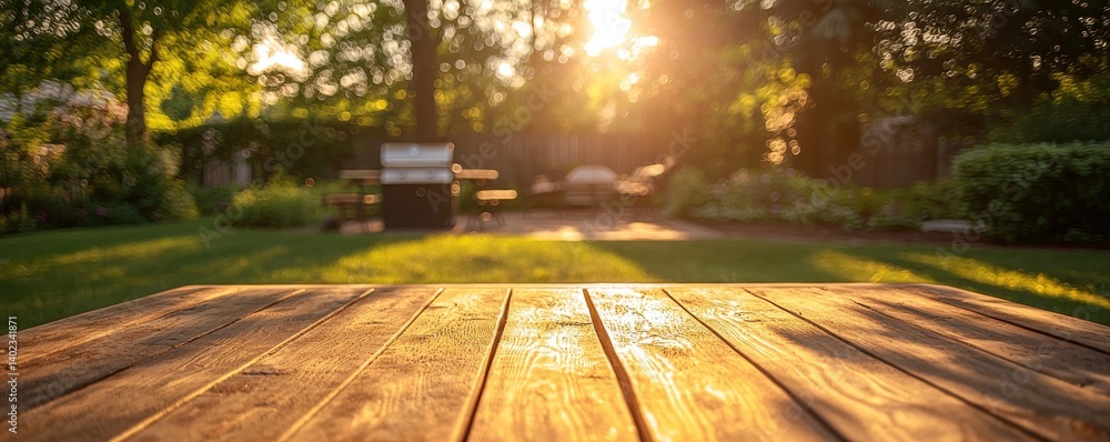 Sunlit wooden table with blurry backyard and grill in the background