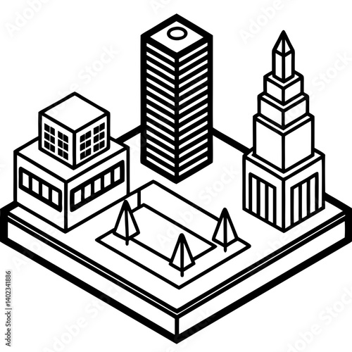 Minimal Isometric Urban Structures Vector Set on White Background