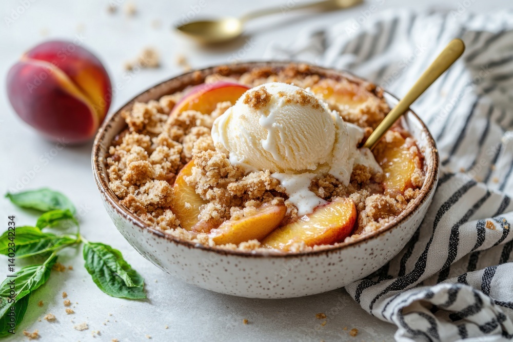 Delicious peach crumble dessert with ice cream served in a bowl