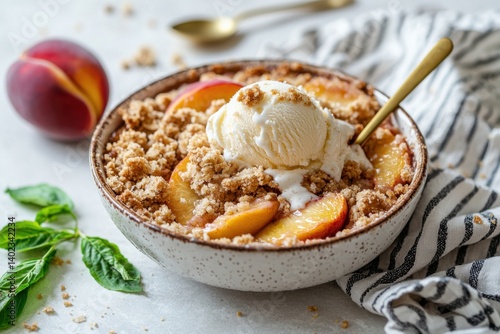 Obraz na płótnie Delicious peach crumble dessert with ice cream served in a bowl w salonie