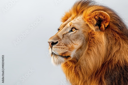 Majestic lion in profile against a neutral backdrop, showcasing its vibrant mane and fierce gaze