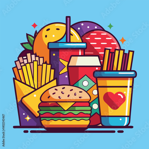 Fast food vector icons set includes burger, hamburger, sandwich, fries, and drink illustrations