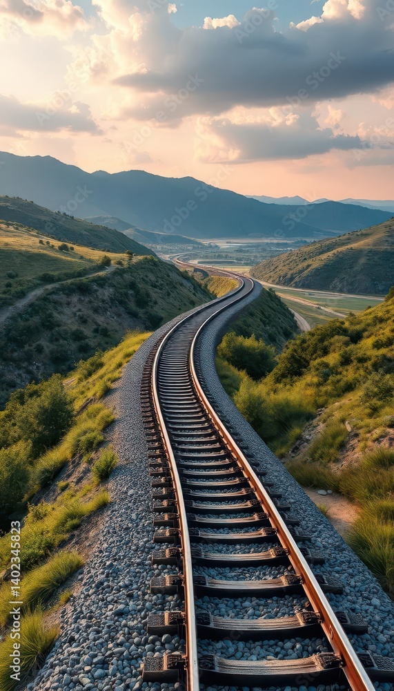 Fototapeta premium Gleaming steel railway curving through landscape, arc, route, lines
