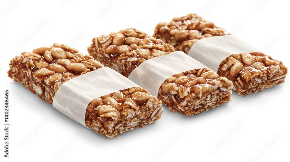 Three granola bars wrapped in paper, studio shot on white background Three granola bars wrapped in paper, studio shot on white background