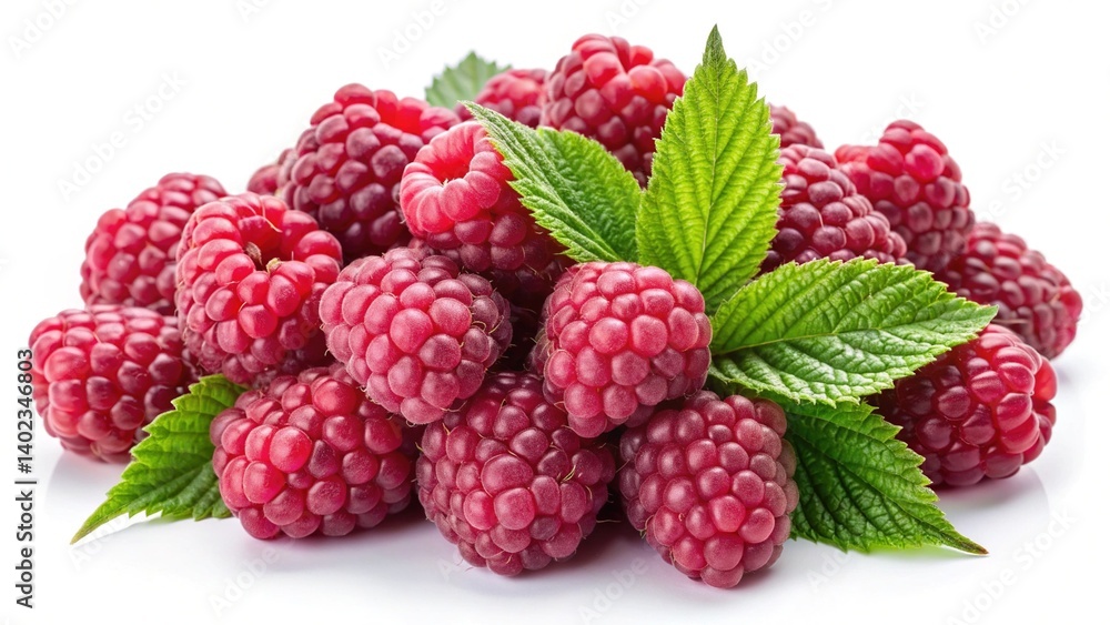 A Delicious Pile of Fresh Raspberries with Lush Green Leaves A Delicious Pile of Fresh Raspberries with Lush Green Leaves