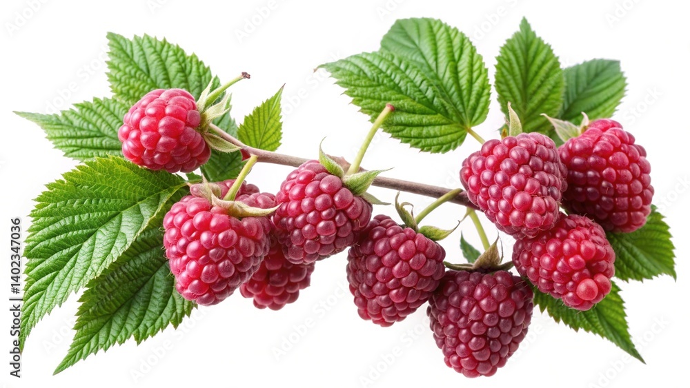 A sprig of ripe red raspberries on a branch with lush green leaves A sprig of ripe red raspberries on a branch with lush green leaves