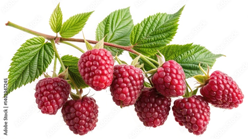 A sprig of ripe red raspberries with lush green leaves on a white background A sprig of ripe red raspberries with lush green leaves on a white background