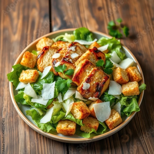 Wallpaper Mural Smoked chicken Caesar salad, crispy croutons, shaved parmesan, fresh parsley on wood, table, wood, wooden background Torontodigital.ca