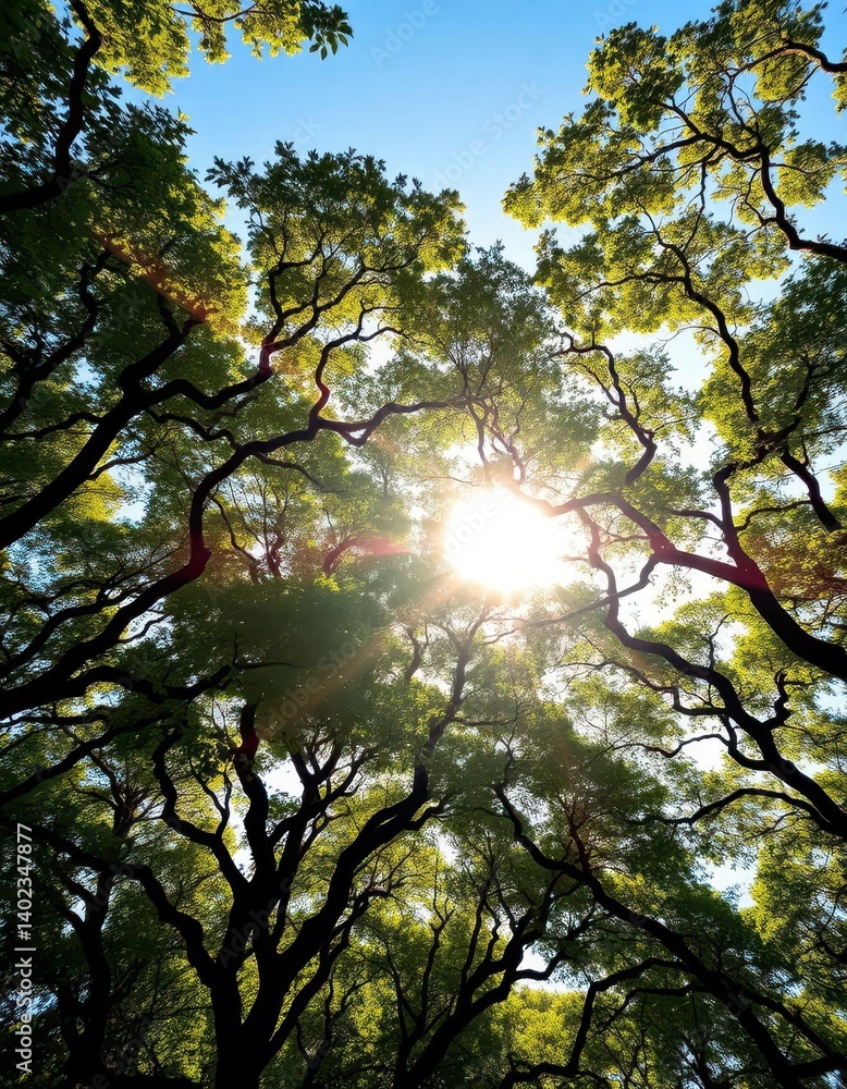 Obraz premium Sunlight filters through lush, arching tree branches reaching towards a bright sky, woodland, arboreal, ecology