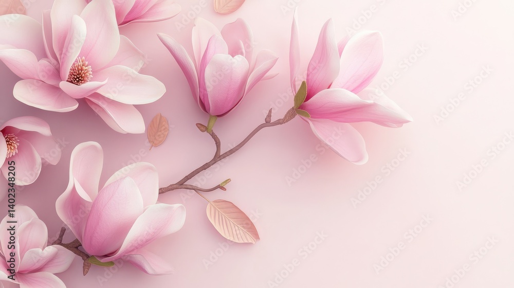 light pink magnolia flower blooming pattern with twig and leaves forced perspective illustration light pink magnolia flower blooming pattern with twig and leaves forced perspective illustration