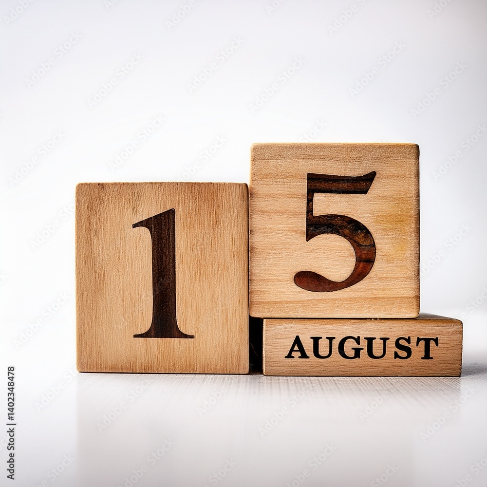 Minimalist photo of wooden blocks with date 15 August. Day and month, calendar on white background Minimalist photo of wooden blocks with date 15 August. Day and month, calendar on white background