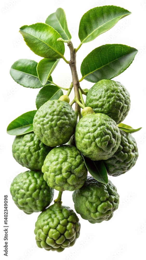 Obraz premium A Bunch of Fresh Kaffir Lime Fruits on the Branch with Green Leaves Isolated on White Background