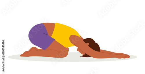 Beautiful girl practice Prasarita Balasana. Young attractive woman practicing Childs Pose yoga exercise. Workout, stretching, healthy activity. Vector colorful flat illustration isolated 