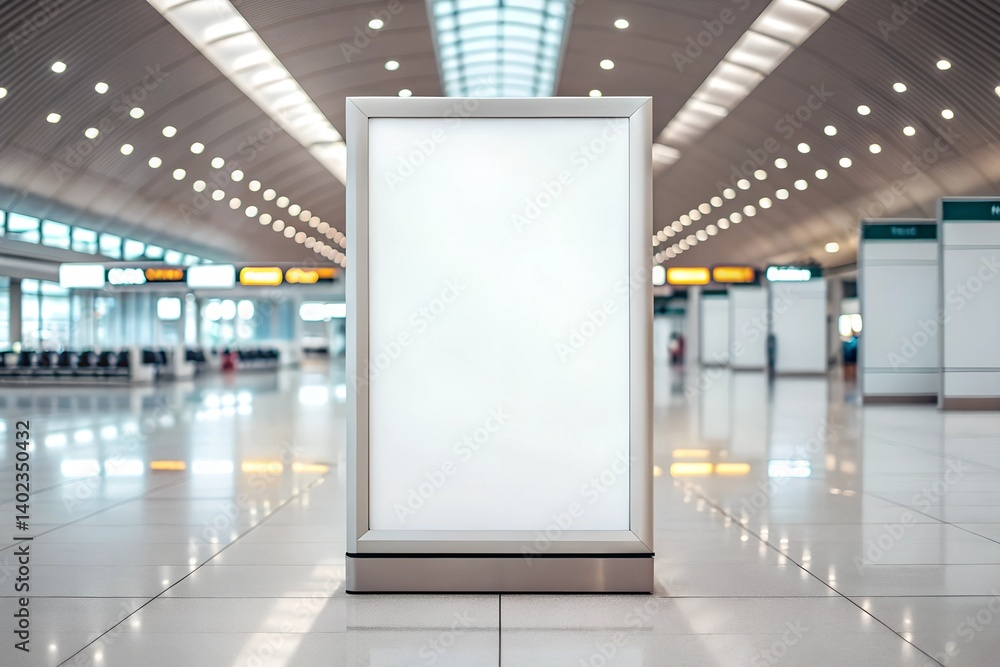 Large illuminated advertising billboard mockup in modern airport terminal. Blank vertical lightbox for commercial display with glowing lights and perspective depth.