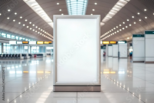 Obraz na płótnie Large illuminated advertising billboard mockup in modern airport terminal. Blank vertical lightbox for commercial display with glowing lights and perspective depth. w salonie