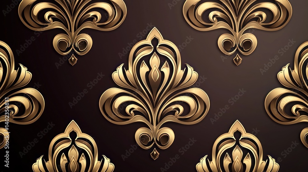 Luxurious gold damask pattern on dark background. Ornate, symmetrical floral motifs Luxurious gold damask pattern on dark background. Ornate, symmetrical floral motifs