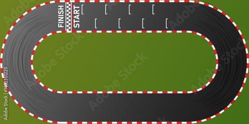 Circuit finish line racing background top view illustration. Kart Car racing on an asphalt road. Vector