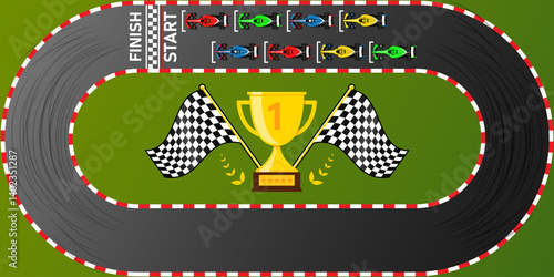 Circuit finish line Pro racing background top view illustration. Trophy Flags Kart Car racing on an asphalt road. Vector