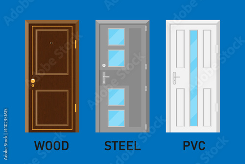 Set of different type of doors, wood door steel door PVC door vector