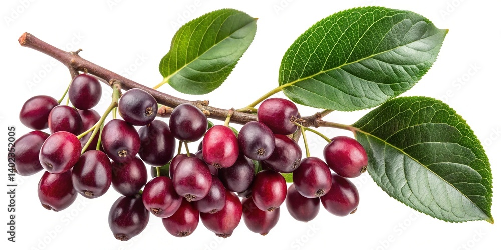 Branch of ripe dark red crabapples with vibrant green leaves isolated on white background Branch of ripe dark red crabapples with vibrant green leaves isolated on white background