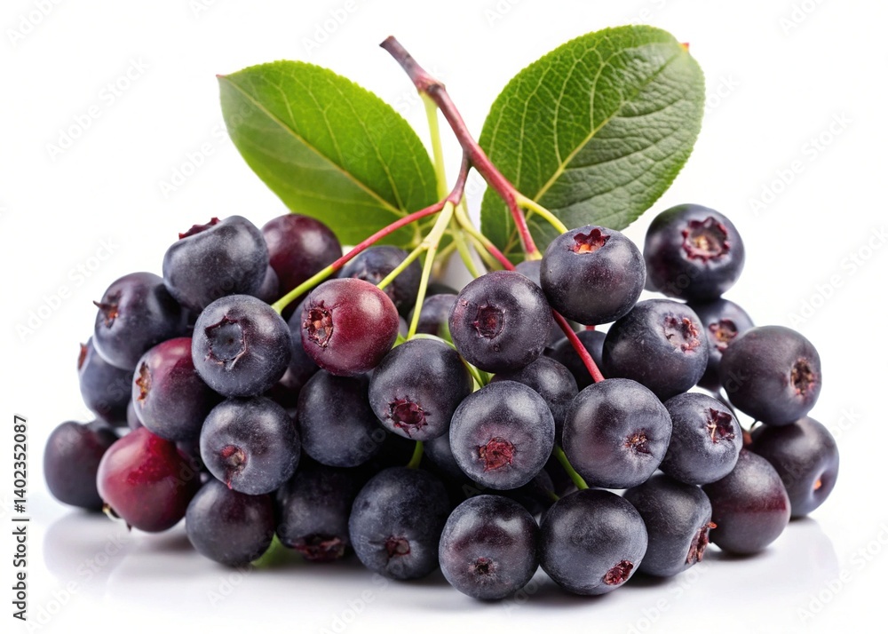 A Bunch of Ripe Aronia Berries with Green Leaves on a White Background Fresh Aronia Berries Close Up Photo of Aronia Berries A Bunch of Ripe Aronia Berries with Green Leaves on a White Background Fresh Aronia Berries Close Up Photo of Aronia Berries