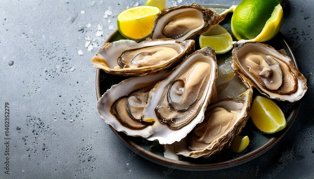 Fresh opened oysters with lime at plate background Fresh opened oysters with lime at plate background