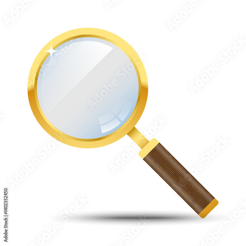 Gold Magnifying glass vector illustration. Realistic Magnifying glass wood handle