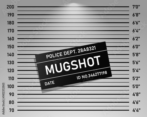 Police mugshot template. Vector background set of police lineup (centimeter scale and inch unit) or mugshot board with text signs for criminals photo. Criminal height wall. Identification frame