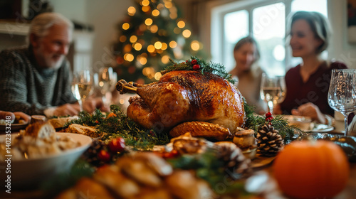 Family and Friends Gather at Home for a Traditional Christmas Dinner with a Turkey Roast. Living Room is Crowded with Senior and Young Adults Enjoying, Generative AI