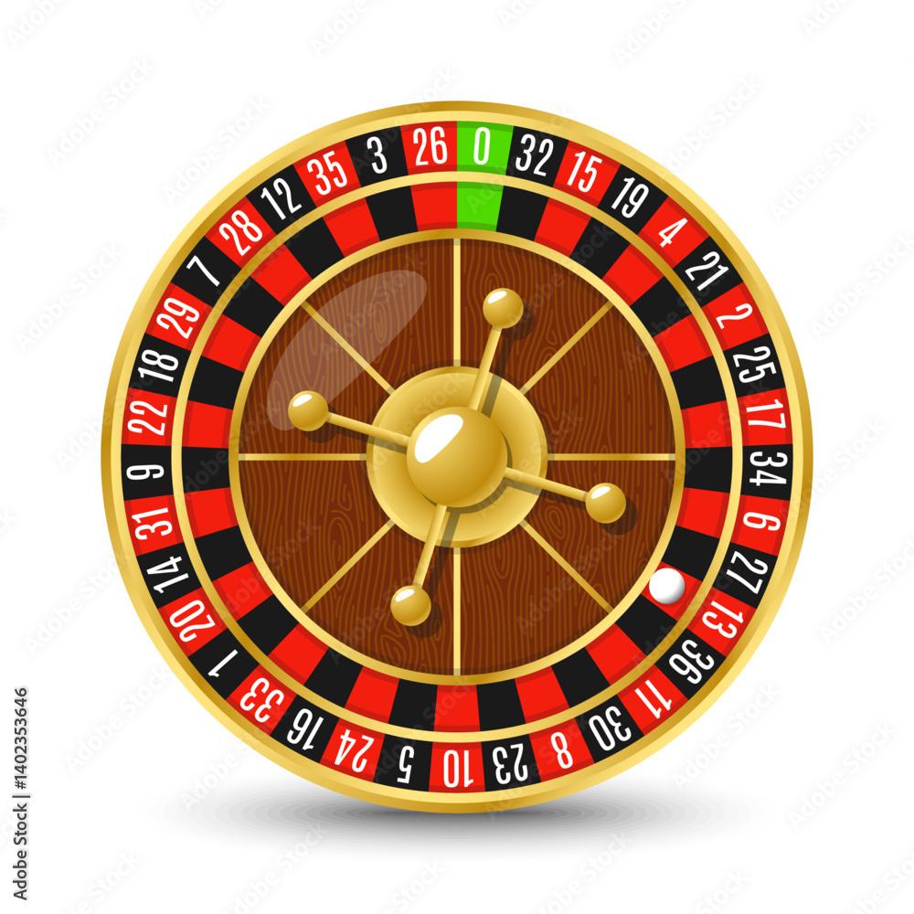 Golden casino roulette wheel with numbers and cells on white background with golden light, rays, glare, sparkles. Vector illustration for casino, game design, advertising Golden casino roulette wheel with numbers and cells on white background with golden light, rays, glare, sparkles. Vector illustration for casino, game design, advertising