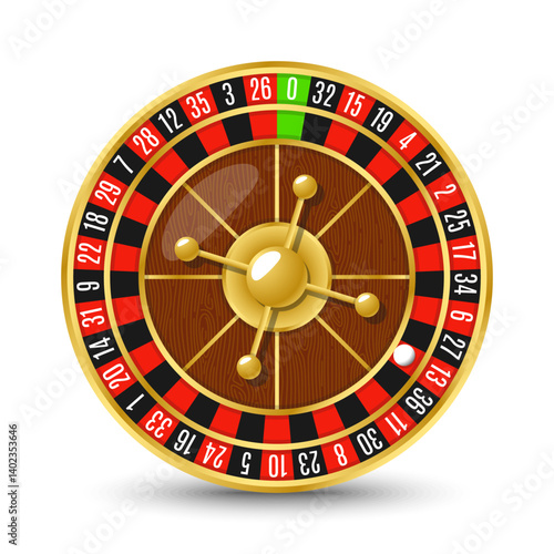 Golden casino roulette wheel with numbers and cells on white background with golden light, rays, glare, sparkles. Vector illustration for casino, game design, advertising
