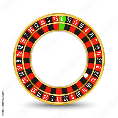 Golden casino roulette wheel with numbers and cells on white background with golden light, rays, glare, sparkles. Vector illustration for casino, game design, advertising