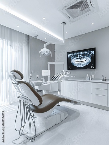 A dentist discusses X-rays with a patient in a contemporary clinic, highlighting the images on a screen to clarify dental health and treatment choices.