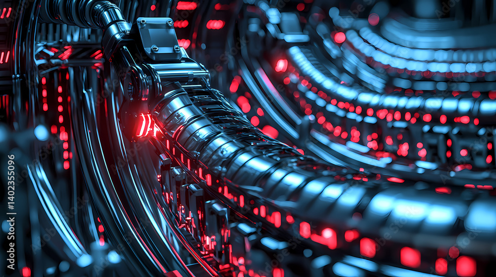 Fototapeta premium A futuristic close-up view of intricate metallic structures illuminated by red lights, showcasing advanced technology and design.