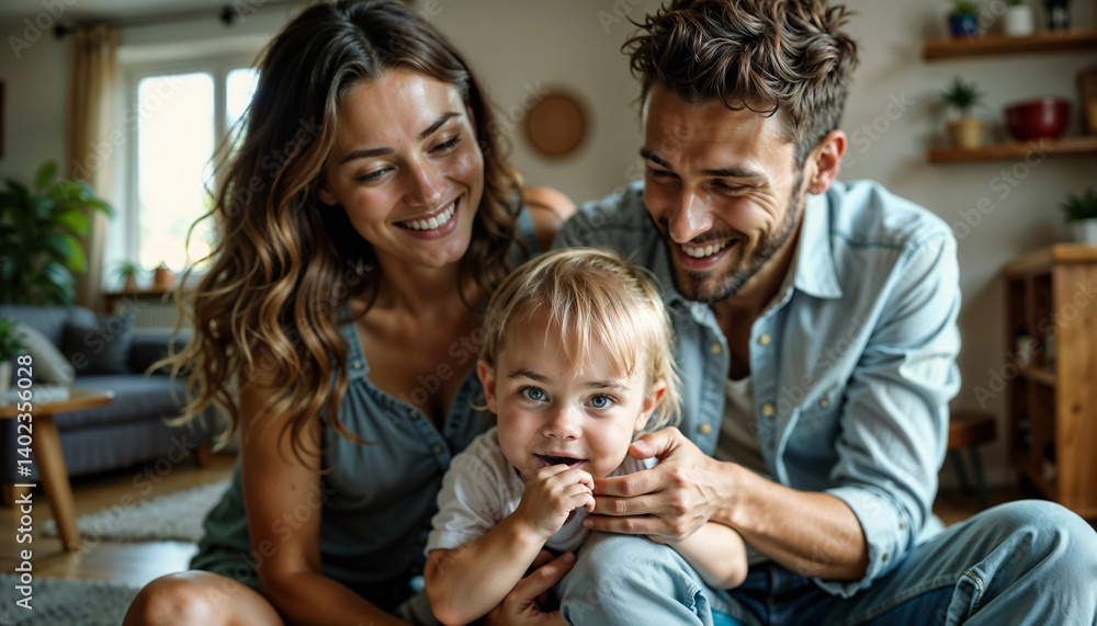 Young couple with toddler in messy apartment Young couple with toddler in messy apartment