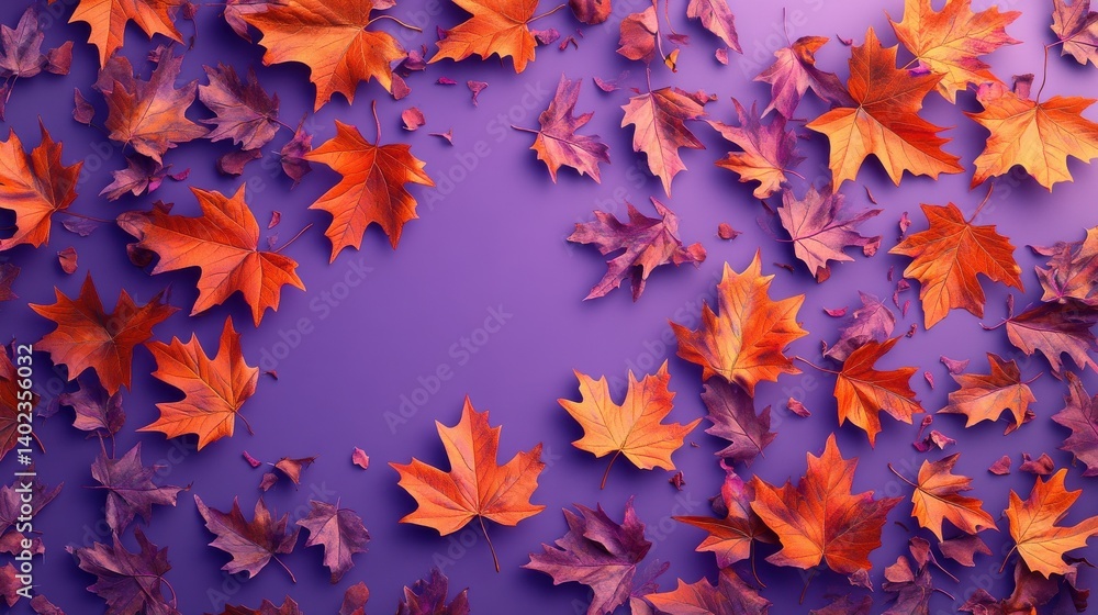 Dry orange metallic leaves scattered on a purple violet background with subtle gradient effect , nature textures, metallic colors illustration Dry orange metallic leaves scattered on a purple violet background with subtle gradient effect , nature textures, metallic colors illustration