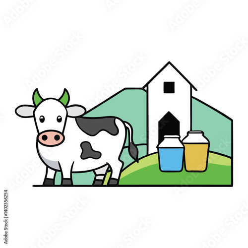 A calm alpine cow grazes near a mountain farm, surrounded by fresh grass and crisp air, producing rich, natural milk in a peaceful, picturesque setting.