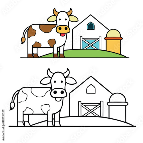A calm alpine cow grazes near a mountain farm, surrounded by fresh grass and crisp air, producing rich, natural milk in a peaceful, picturesque setting.