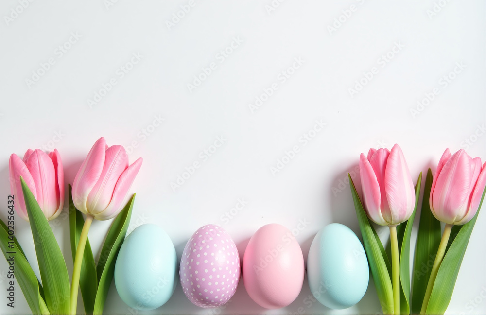 Pastel Easter Eggs And Pink Tulips Are Artfully Arranged On A Plain White Background To Create A Delicate Display.