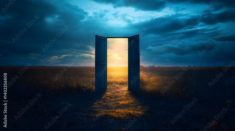 Light shining trough open door in field landscape at day, concept of new goals and progress Light shining trough open door in field landscape at day, concept of new goals and progress