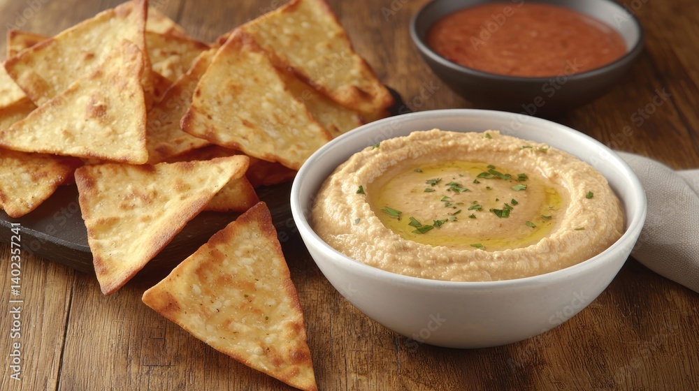 Hummus and Tortilla Chips on Wooden Table with Salsa