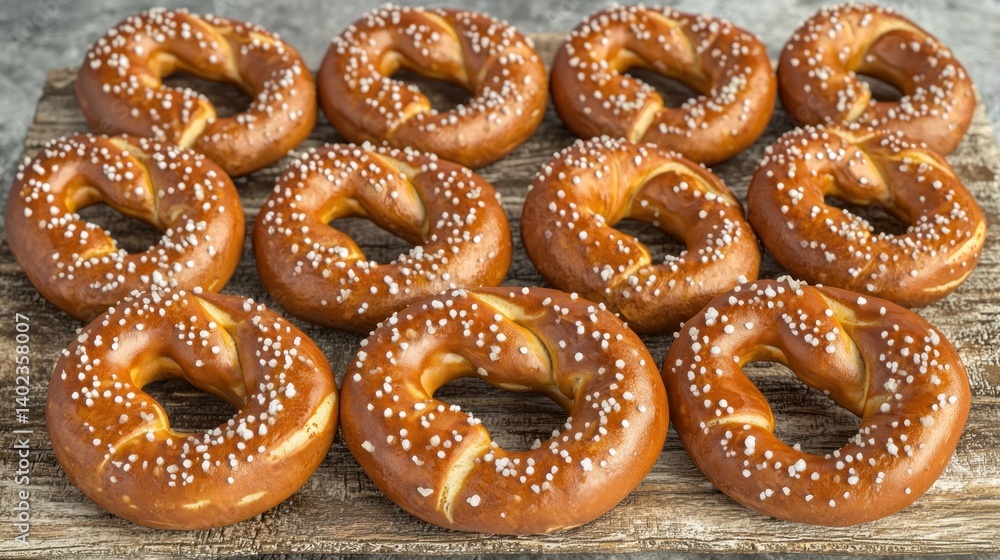 Salted pretzels on rustic wooden board, gray background Salted pretzels on rustic wooden board, gray background