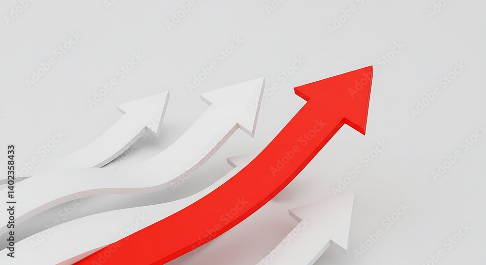 3D Abstract Arrows Showing Business Growth in Minimalist Red and White Design 3D Abstract Arrows Showing Business Growth in Minimalist Red and White Design