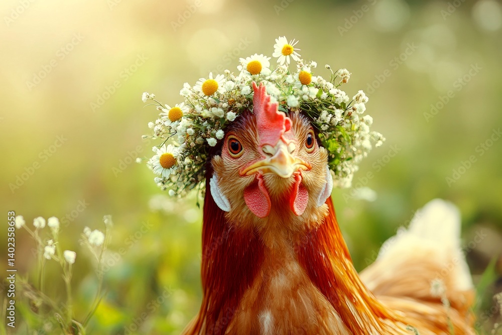 custom made wallpaper toronto digitalSummer happiness. Cute adult animal chicken wearing free flower wreath on its head. Golden sunrise. Elegant wildlife with floral accents. Majestic wildlife in summer. Dreamy wilderness scene.